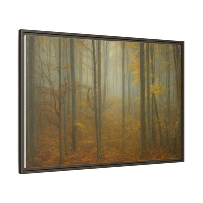 Framed matte canvas wall art of a misty autumn forest, featuring vibrant fall colors and detailed tree silhouettes.
