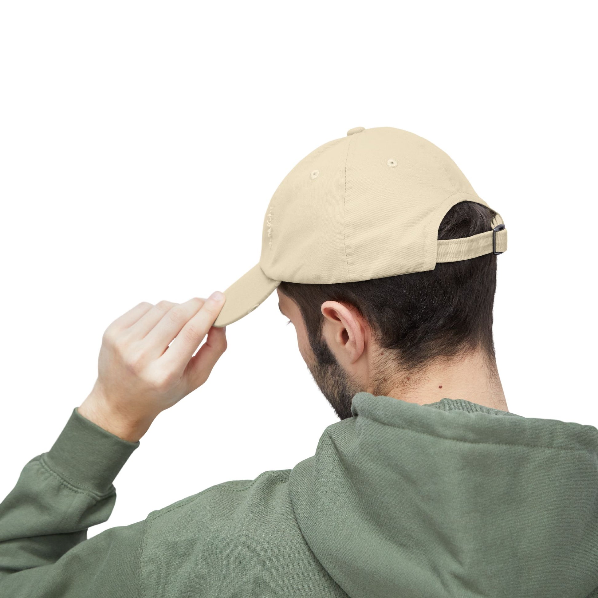 Distressed baseball cap with silhouette batter design, casual hats by Printify featuring a worn, vintage style.