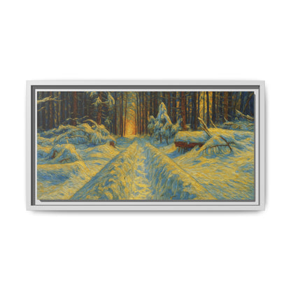 Framed matte canvas print of a snowy forest path at sunset, wall art by Printify showcasing winter landscape imagery.