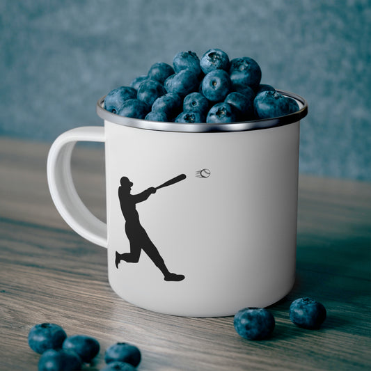 Enamel camping mug with baseball player design, ideal for sports fans and outdoor enthusiasts, by Printify.