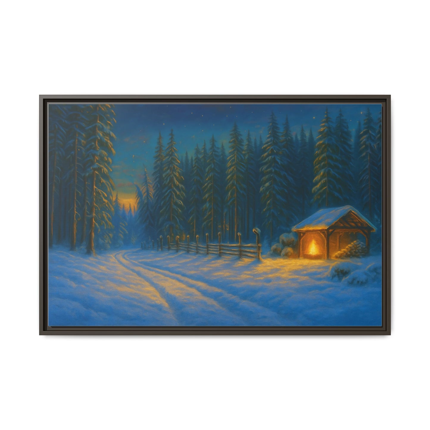 Cozy winter cabin canvas wall art by Printify featuring a snowy forest evening scene in a matte framed print.