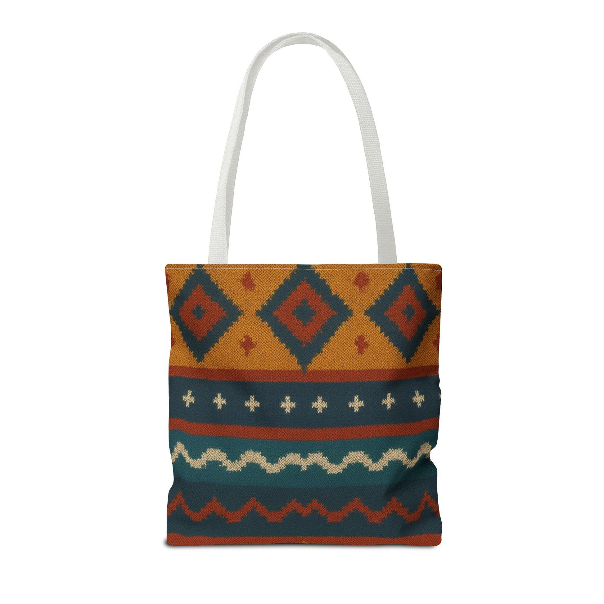 Southwestern diamond patterned tote bag with Aztec tribal geometric print, featuring sturdy handles and vibrant design.