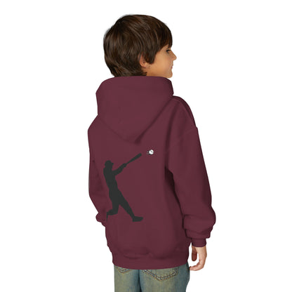 Youth baseball silhouette hoodie for kids featuring a baseball player graphic, cozy pullover sweatshirt by Printify.