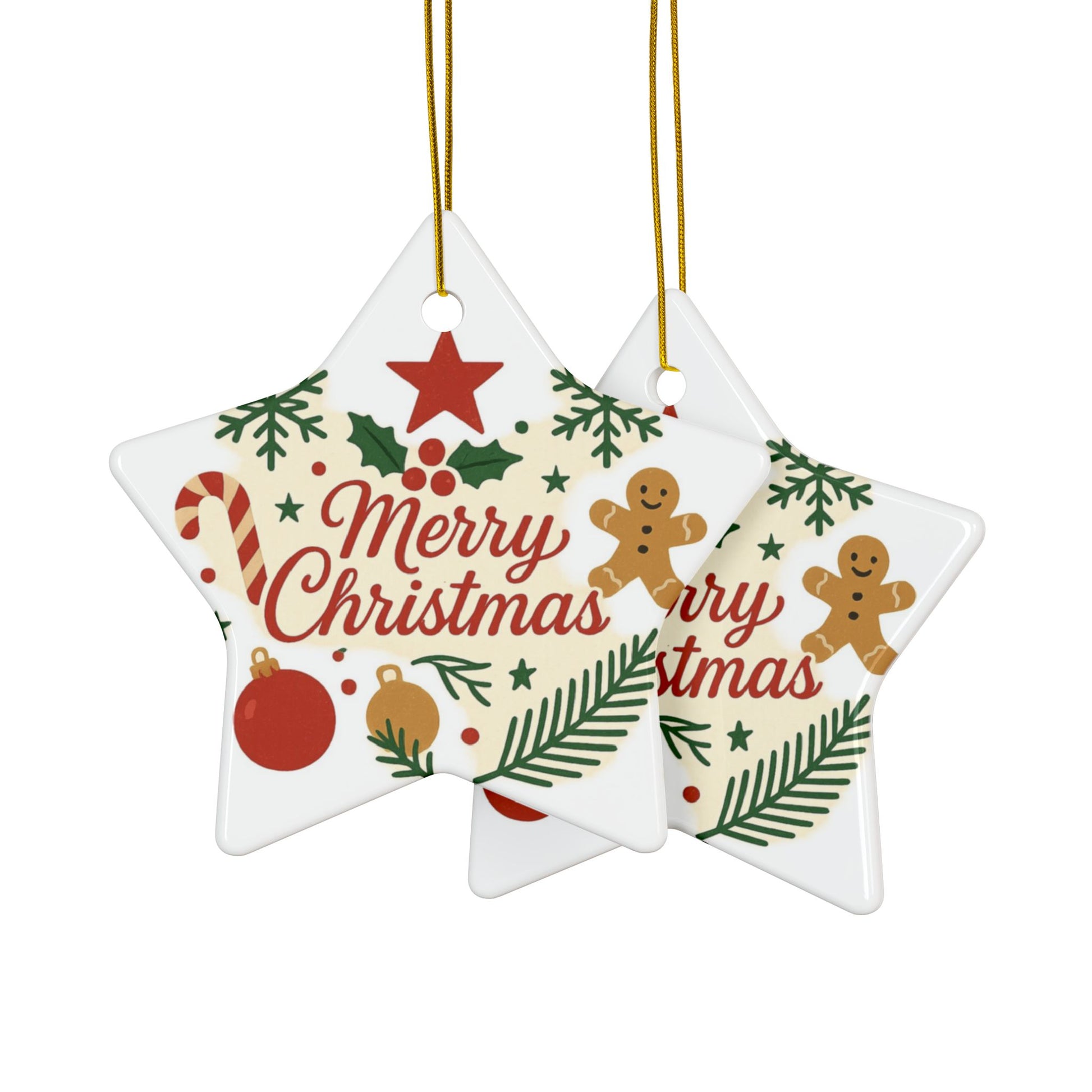 Double-sided Merry Christmas ceramic ornament featuring gingerbread and candy cane holiday tree designs.