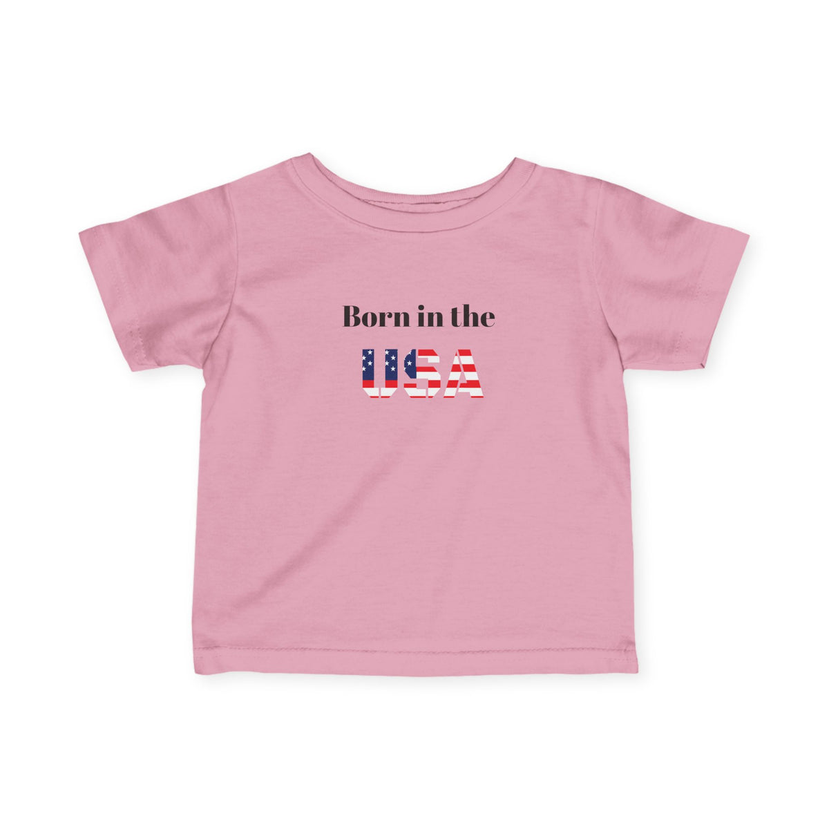 Infant baby t-shirt with "Born in the USA" patriotic print, made by Printify, featuring a soft cotton fabric and short sleeves.