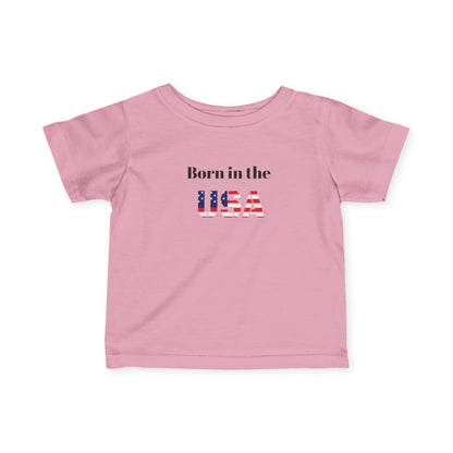 Infant baby t-shirt with "Born in the USA" patriotic print, made by Printify, featuring a soft cotton fabric and short sleeves.