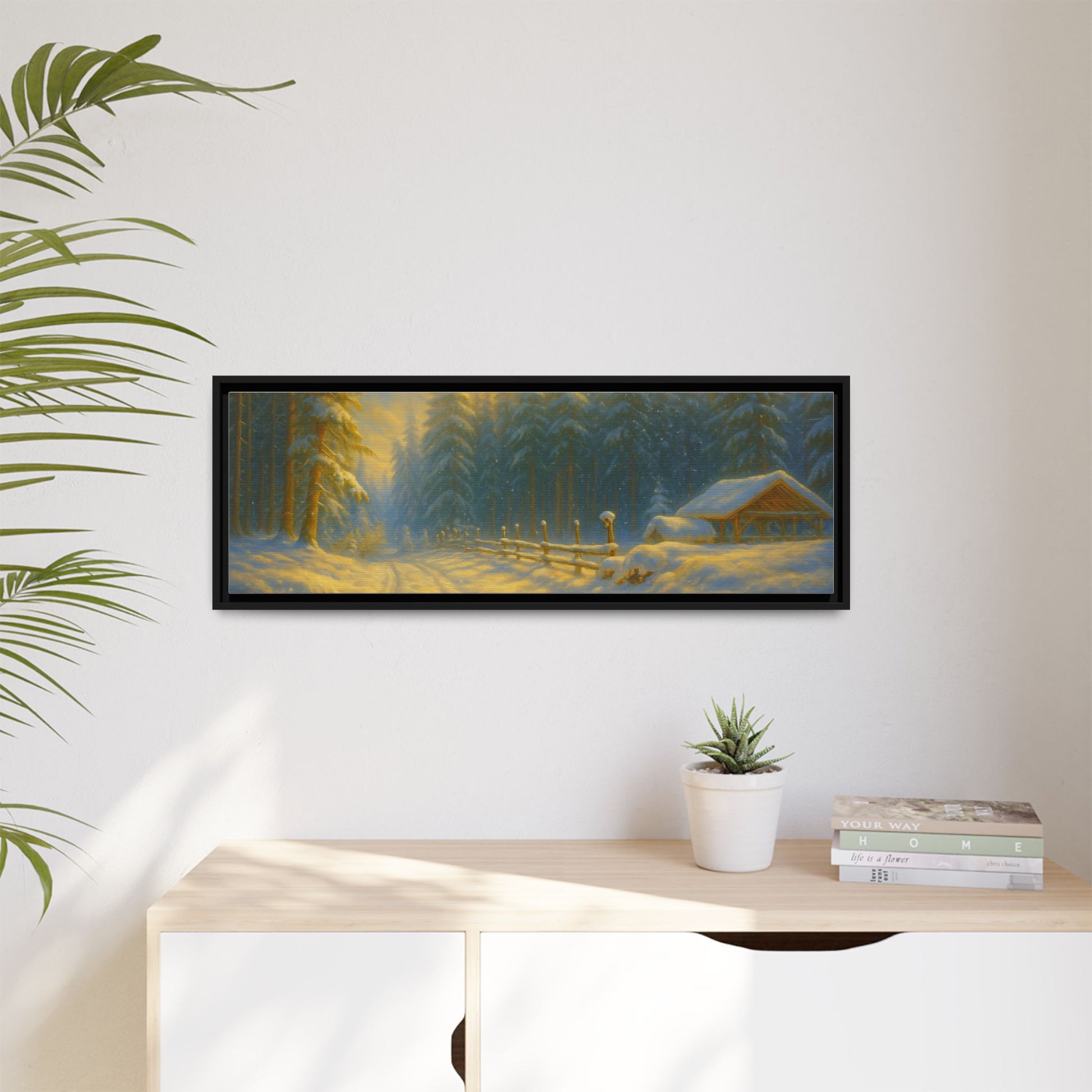 Framed winter cabin canvas print featuring a snowy forest sunset, wall art by Printify, showcasing a scenic winter landscape.