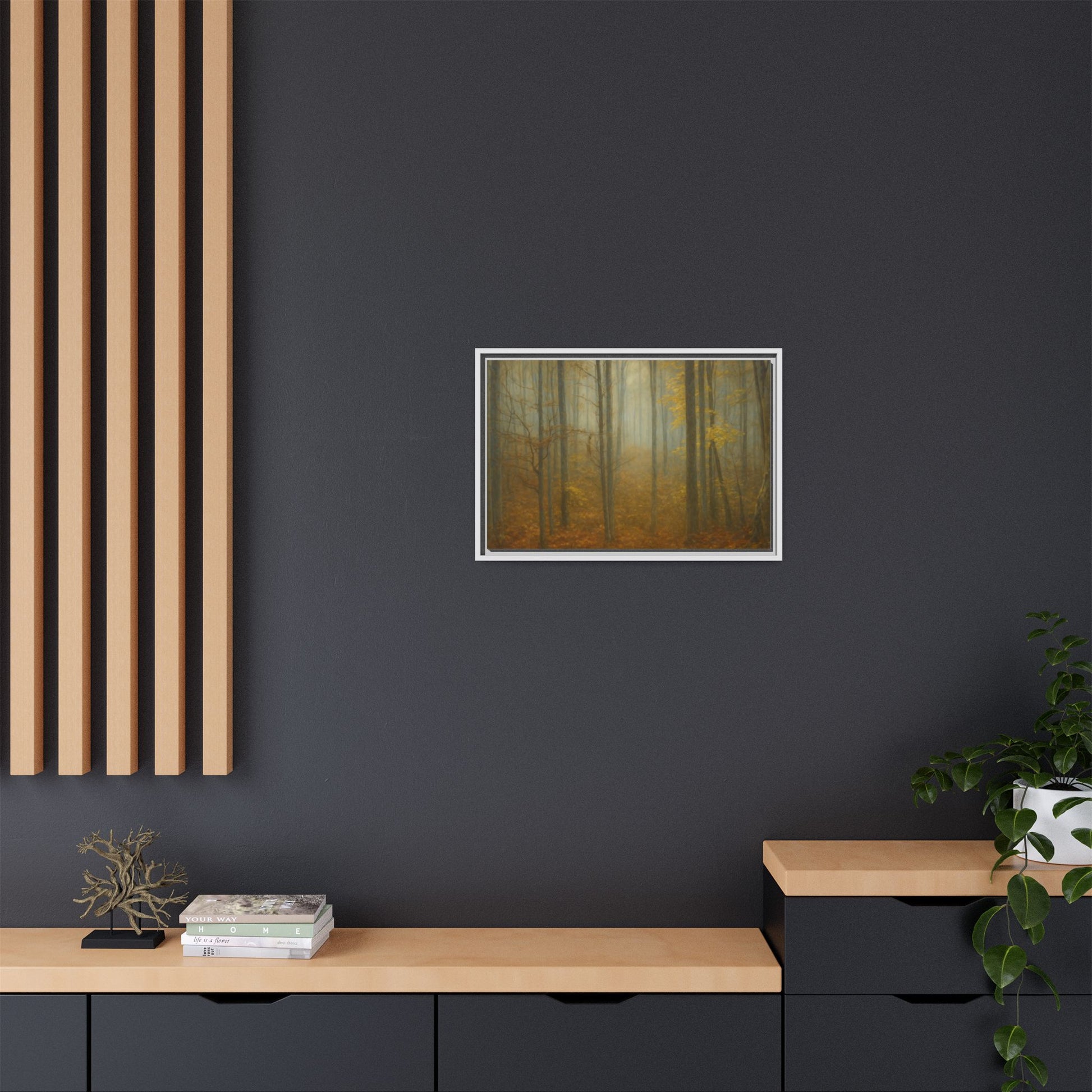 Framed matte canvas wall art featuring a misty autumn forest scene, vibrant fall trees and soft natural colors by Printify.
