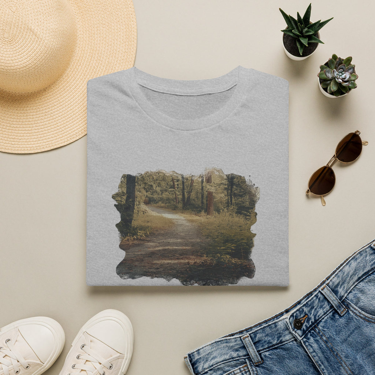 Vintage forest landscape T-shirt from Printify featuring a nature pathway design on soft fabric.