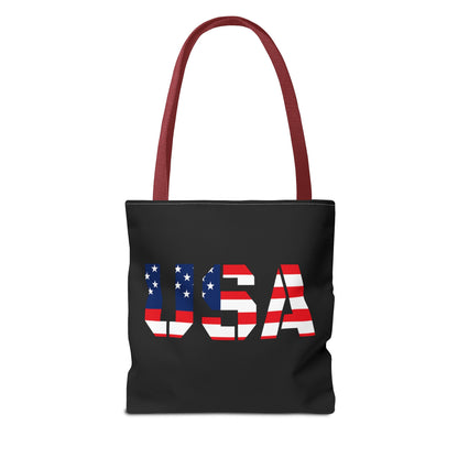 Patriotic USA flag tote bag by Printify, reusable summer carryall with stars and stripes for 4th of July celebrations.