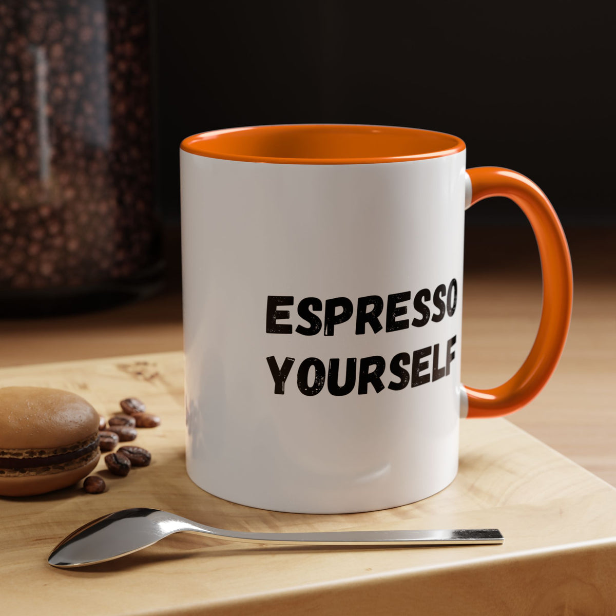 Espresso Yourself accent coffee mug by Printify featuring humorous coffee lover design, 11 oz size, white ceramic mug.