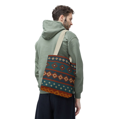 Southwestern diamond pattern tote bag with Aztec tribal geometric print, featuring sturdy handles and vibrant tribal-inspired design.