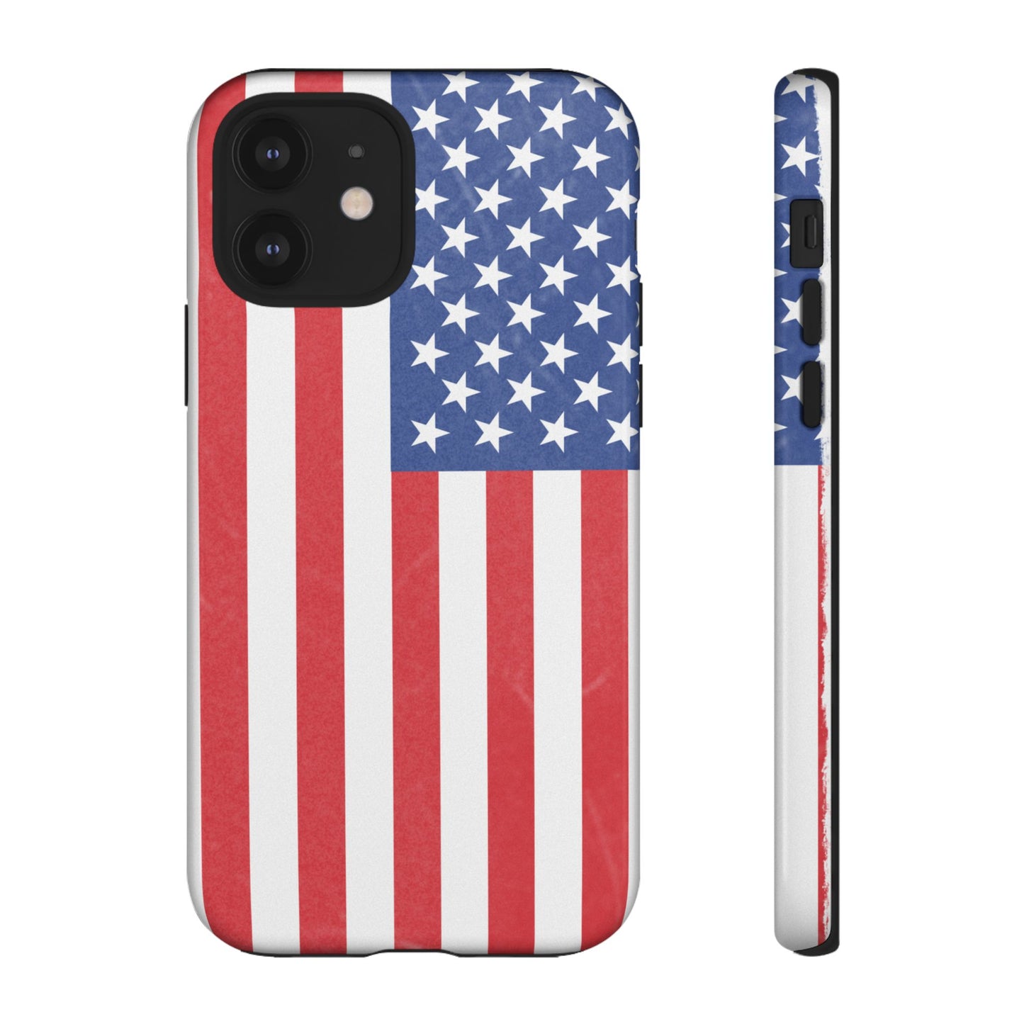 Durable American flag phone case for iPhone with patriotic design, made by Printify, offering strong protection and vibrant flag imagery.