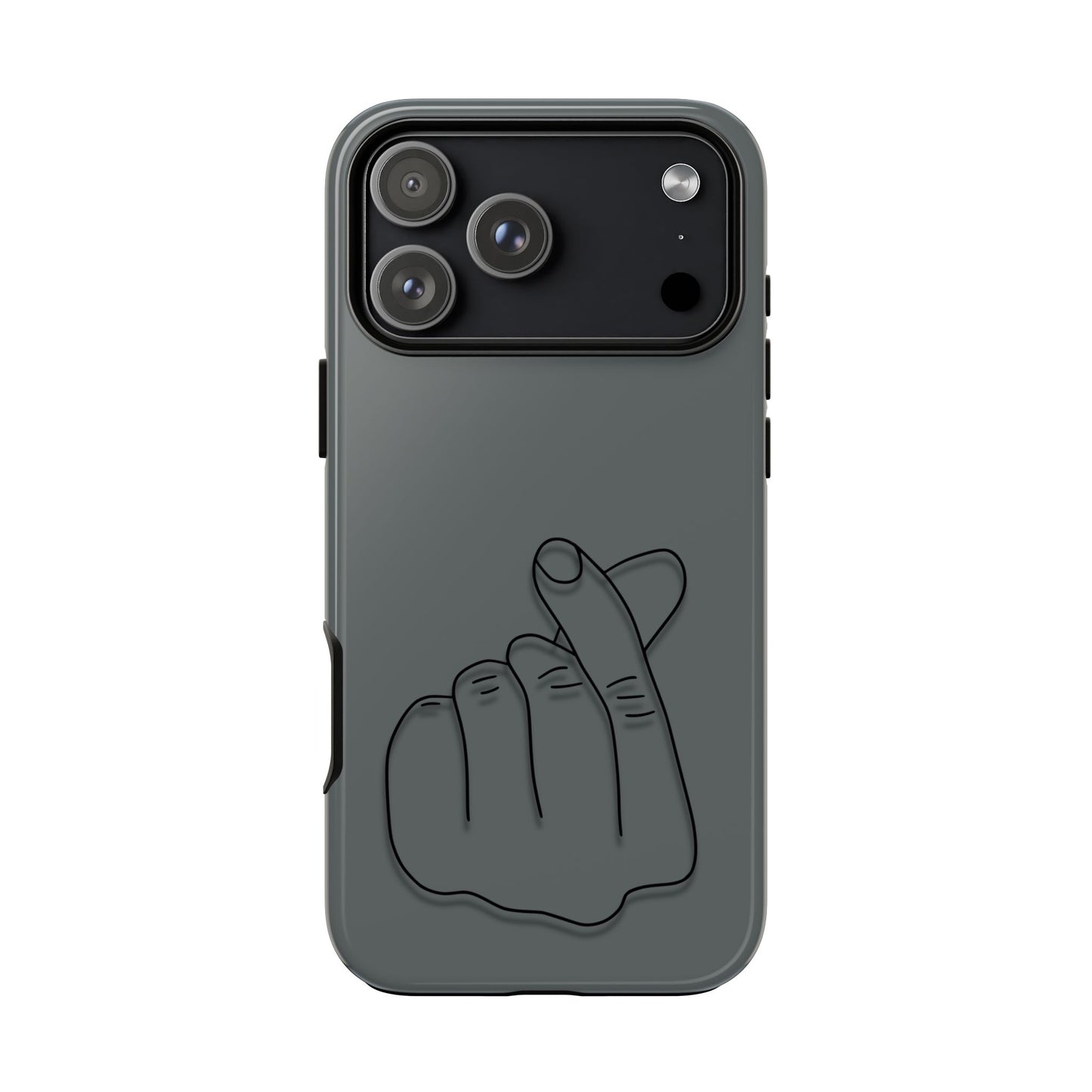 Silicone phone case with embossed Korean finger heart design, compatible with various smartphones, by Printify.