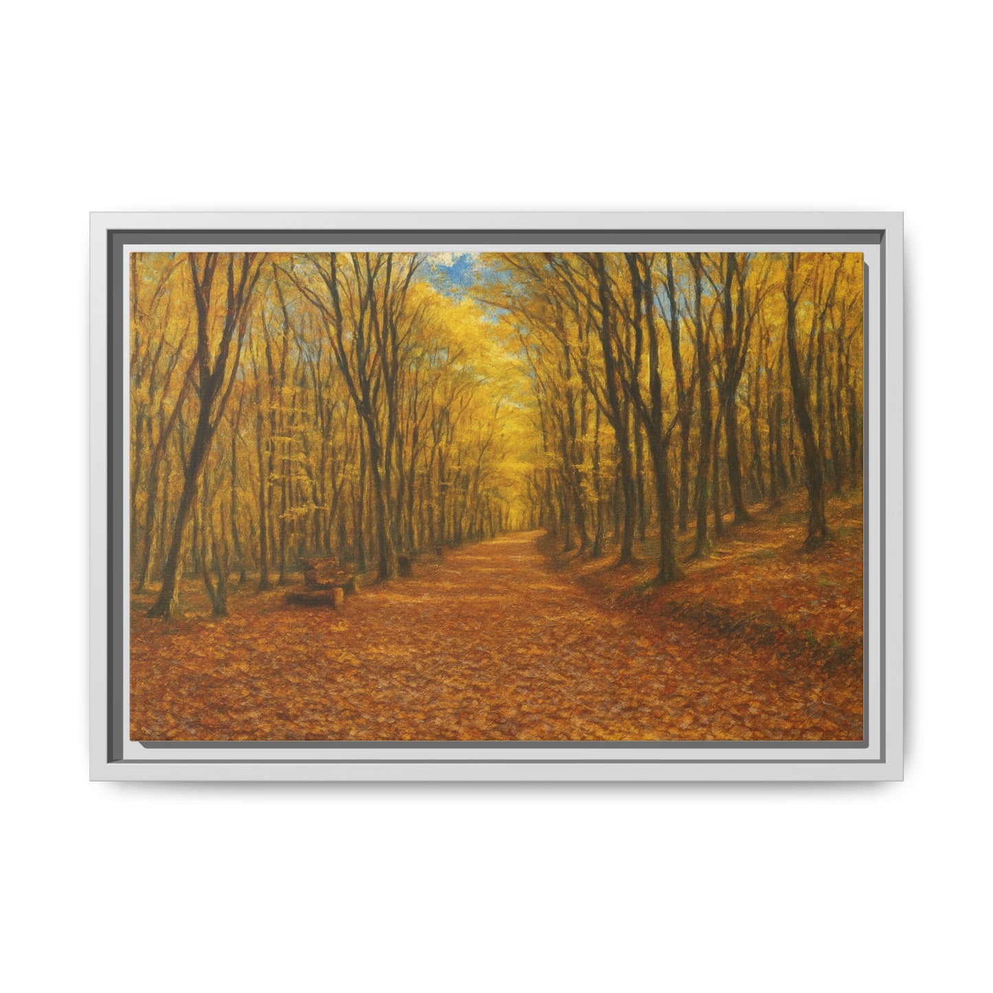 Autumn forest path matte canvas framed wall art by Printify showing a scenic autumn landscape with trees and a walking trail.