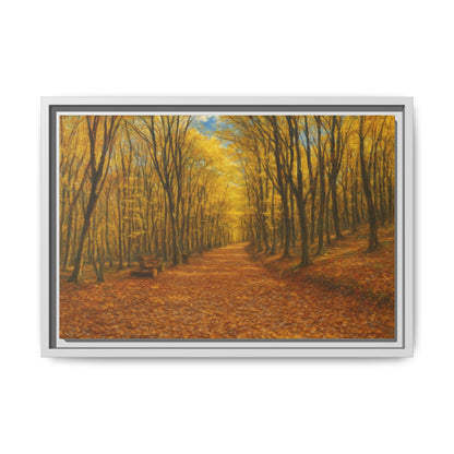 Autumn forest path matte canvas framed wall art by Printify showing a scenic autumn landscape with trees and a walking trail.