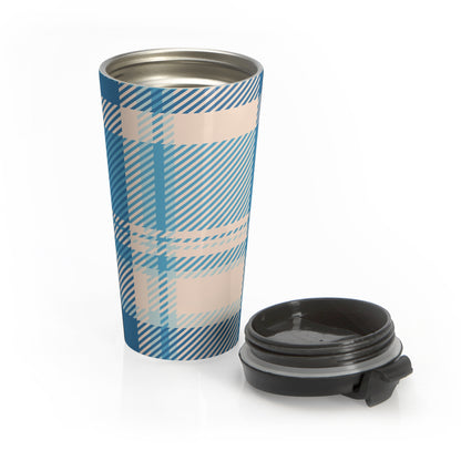 Blue and cream plaid 15oz insulated stainless steel travel mug - view 5
