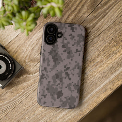 Gray digital camouflage phone case by Printify, tough protective cover for smartphones with a rugged camouflage design.