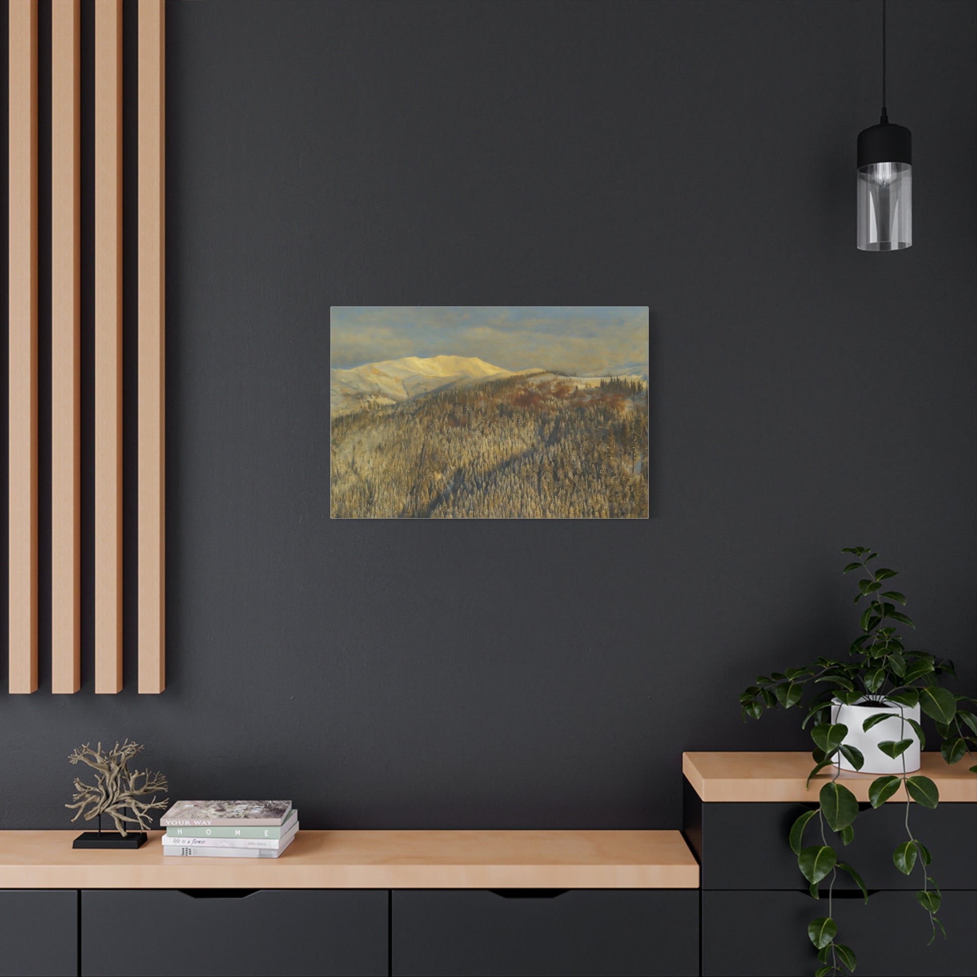 Winter mountain landscape matte canvas print by Printify, stretched 1.25 inches, featuring a scenic mountain view on high-quality canvas.