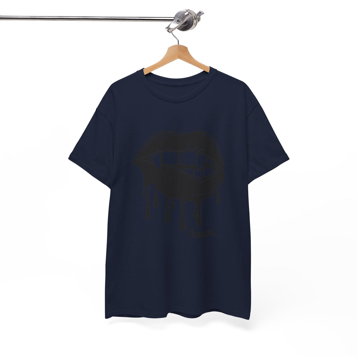Graphic T-shirt by Printify featuring a dripping lips 'hmm...' bite design in bold black and white print.