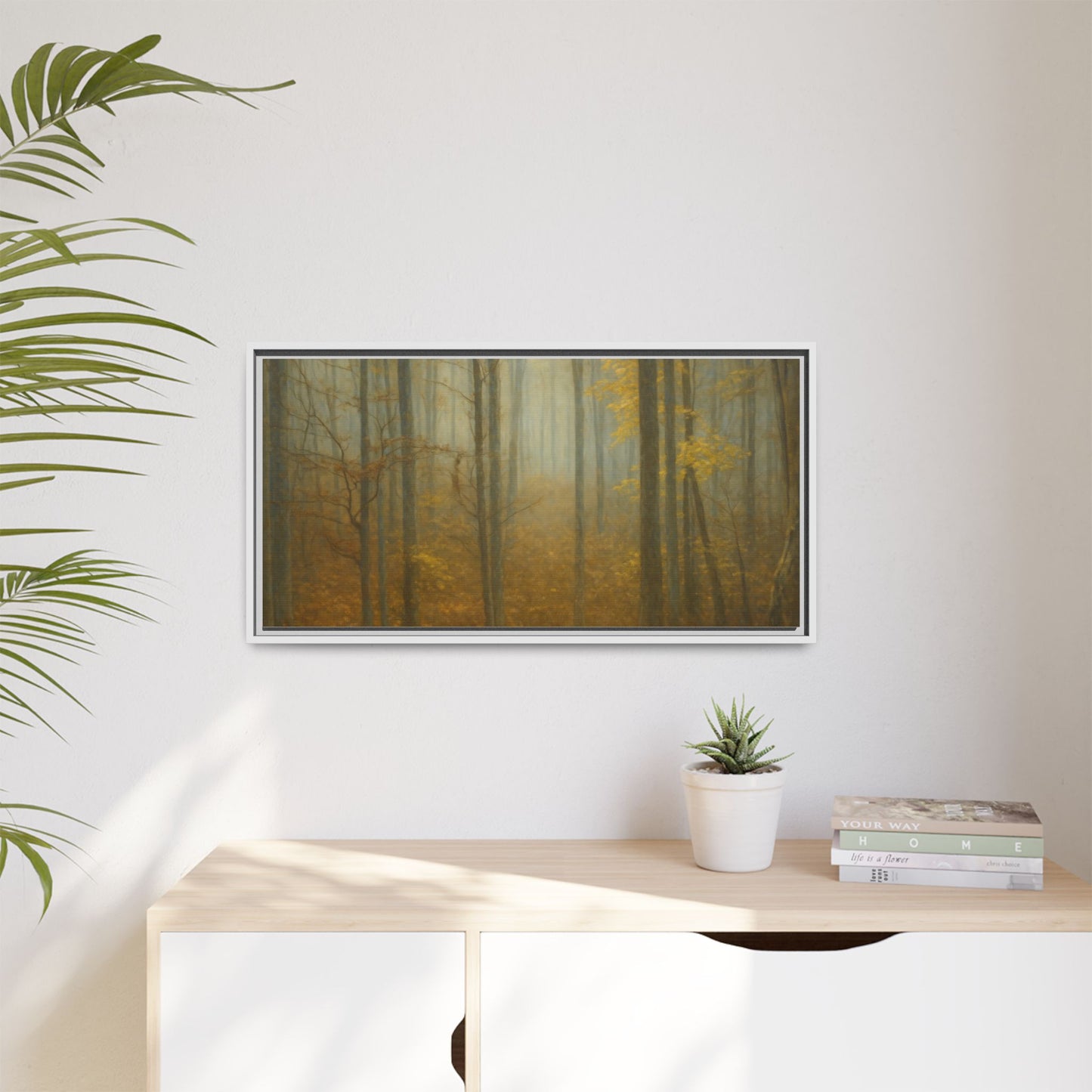 Framed matte canvas wall art of a misty autumn forest, featuring vibrant fall colors and detailed tree silhouettes.