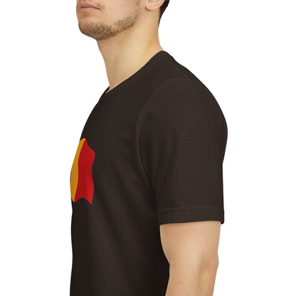 Romania flag T-shirt with minimal waving tricolor design, casual unisex tee by Printify, featuring the Romanian national colors.