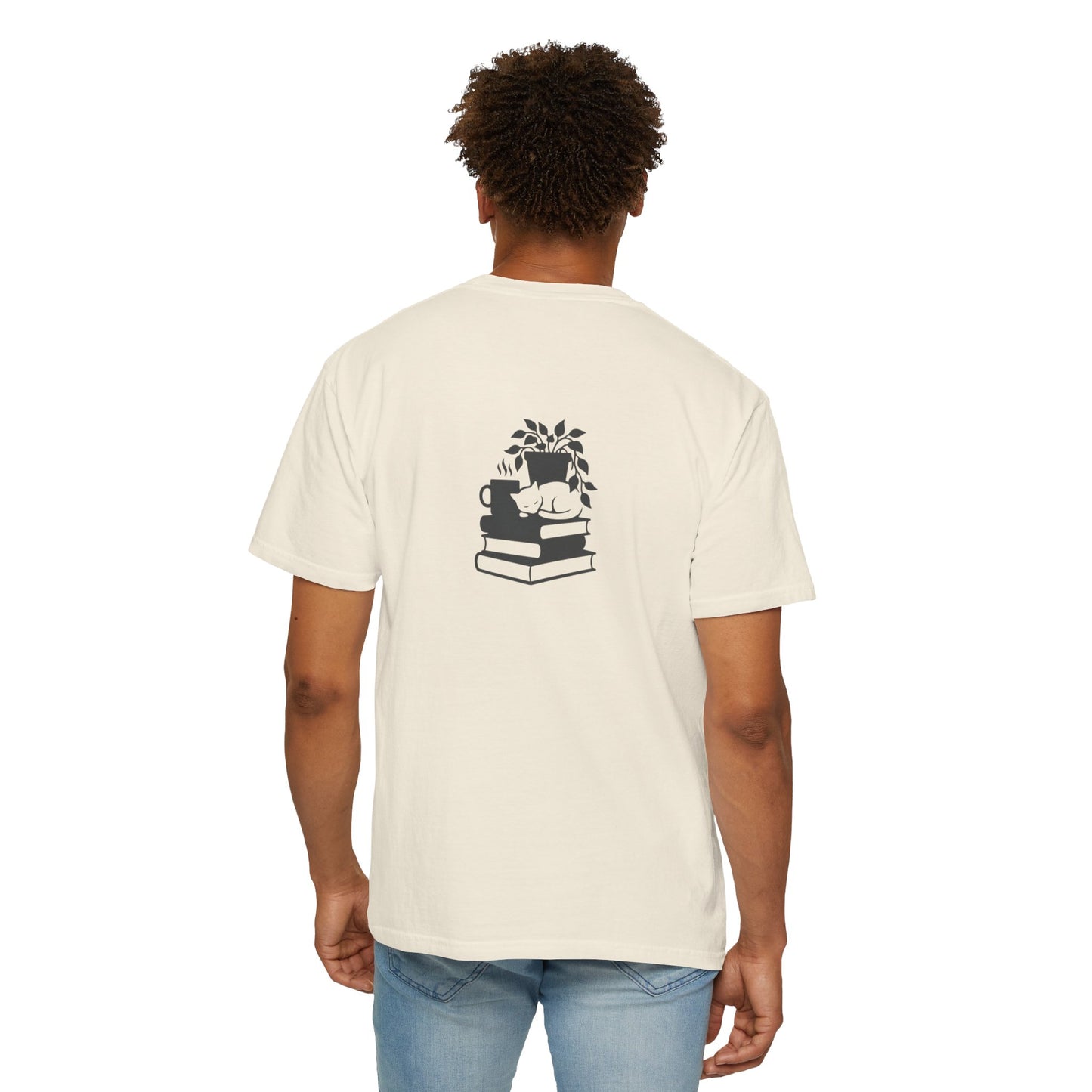 Cozy Cat on Books T-Shirt | Reading Tea Stack Illustration