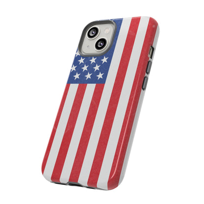 American flag tough phone case for iPhone and Samsung, patriotic protective cover with bold flag design from Printify.