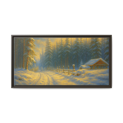 Framed winter cabin canvas print depicting a snowy forest sunset, wall art by Printify with a cozy winter scene.