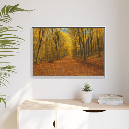 Framed canvas wall art featuring an autumn forest path with warm colors, printed by Printify for cozy home decor.