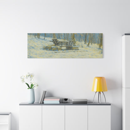 Snowy park bench matte canvas print featuring winter woodland scene, stretched 1.25-inch wall art by Printify.