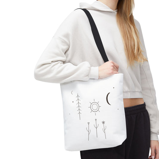 Minimal moon and sun botanical tote bag with celestial line art design from Printify, featuring a natural fabric and stylish tote style.