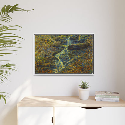 Framed matte canvas wall art featuring a scenic autumn forest with a waterfall, by Printify, ideal for nature-inspired home decor.
