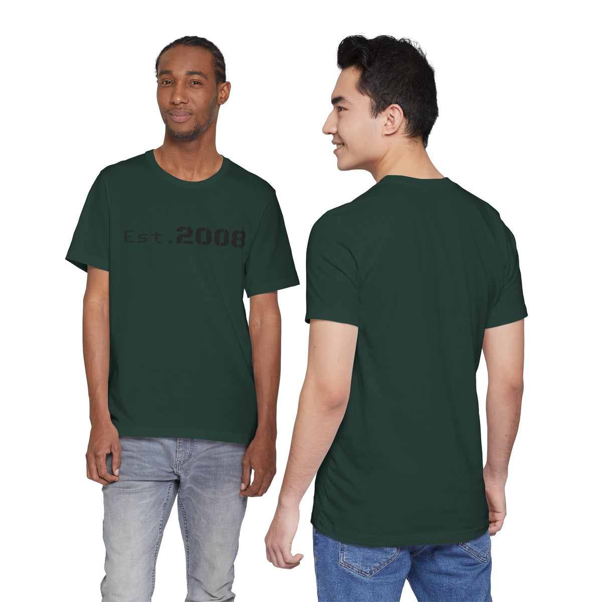 Black graphic T-shirt by Printify featuring "Established 2008" minimal design on the front. Casual unisex style.