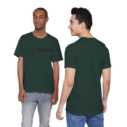 Black graphic T-shirt by Printify featuring "Established 2008" minimal design on the front. Casual unisex style.