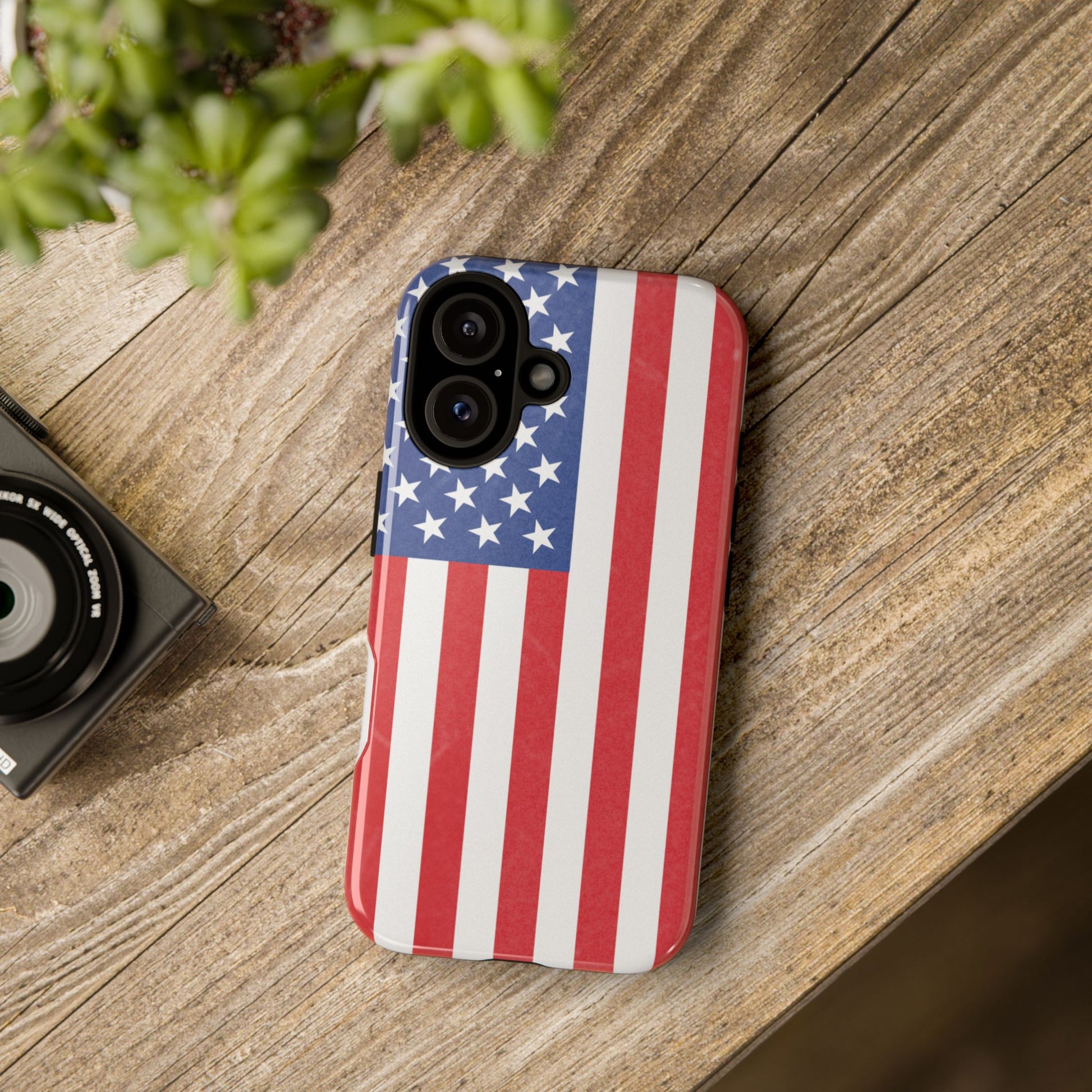 American flag tough phone case for iPhone and Samsung, patriotic protective cover with bold flag design by Printify.