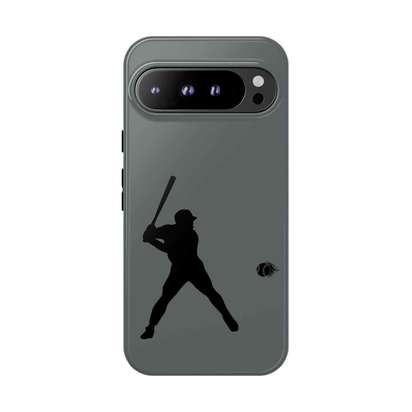 Black baseball silhouette tough phone case for iPhone offers sporty protection, featuring a bold baseball design by Printify.