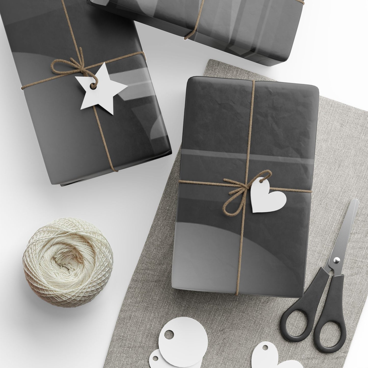 Black and gray geometric shapes wrapping paper roll by Printify, featuring modern, stylish design for gift wrapping.
