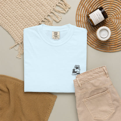 Cozy Cat on Books T-Shirt | Reading Tea Stack Illustration