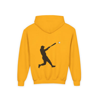 Youth baseball silhouette hoodie for kids, featuring a baseball player design on a comfortable pullover from Printify.
