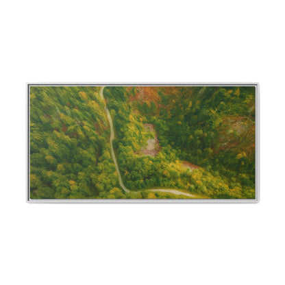 Multi-color framed matte canvas wall art featuring an aerial forest path landscape by Printify
