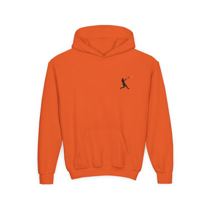 Kids youth baseball silhouette hoodie featuring a baseball player design, comfortable pullover hoodie for children by Printify.