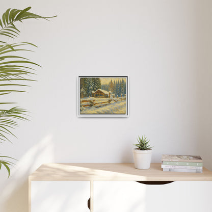 Snowy cabin winter landscape canvas wall art framed print by Printify, featuring a cozy snow-covered cabin scene.