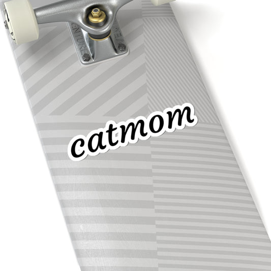 Printify Catmom kiss-cut sticker with script design, suitable for laptops, water bottles, and planners, made of paper material.