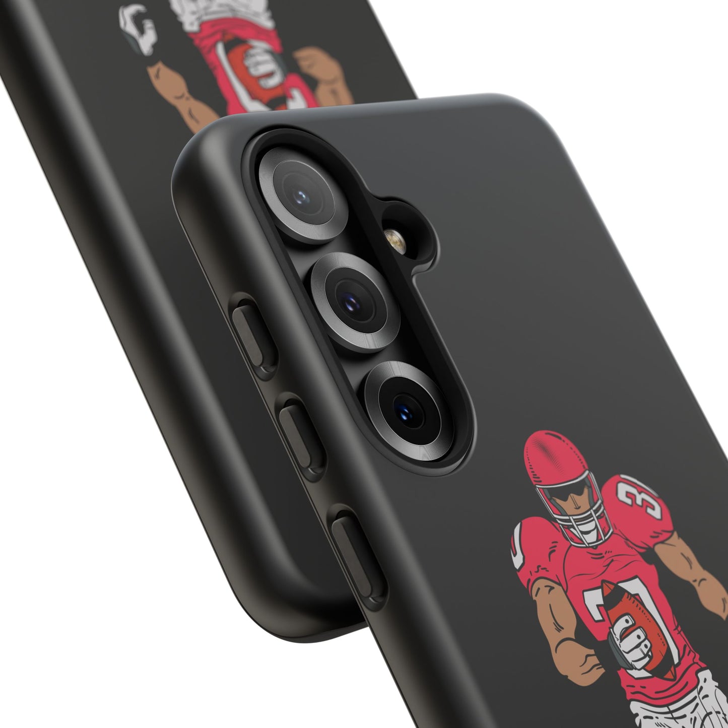 Black football player tough phone case for iPhone, durable protective sports-themed case by Printify.