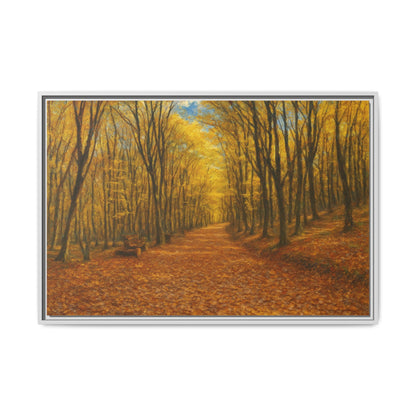 Autumn forest path matte canvas wall art by Printify showing a scenic woodland trail in warm fall colors.