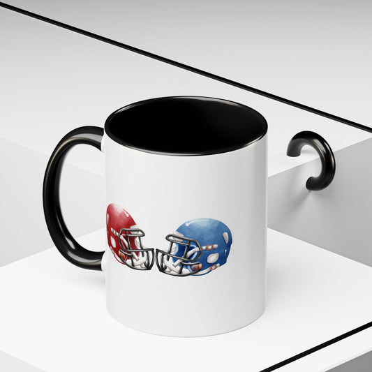 Red and blue football rivalry accent mug featuring helmet designs, 11oz ceramic coffee cup by Printify.