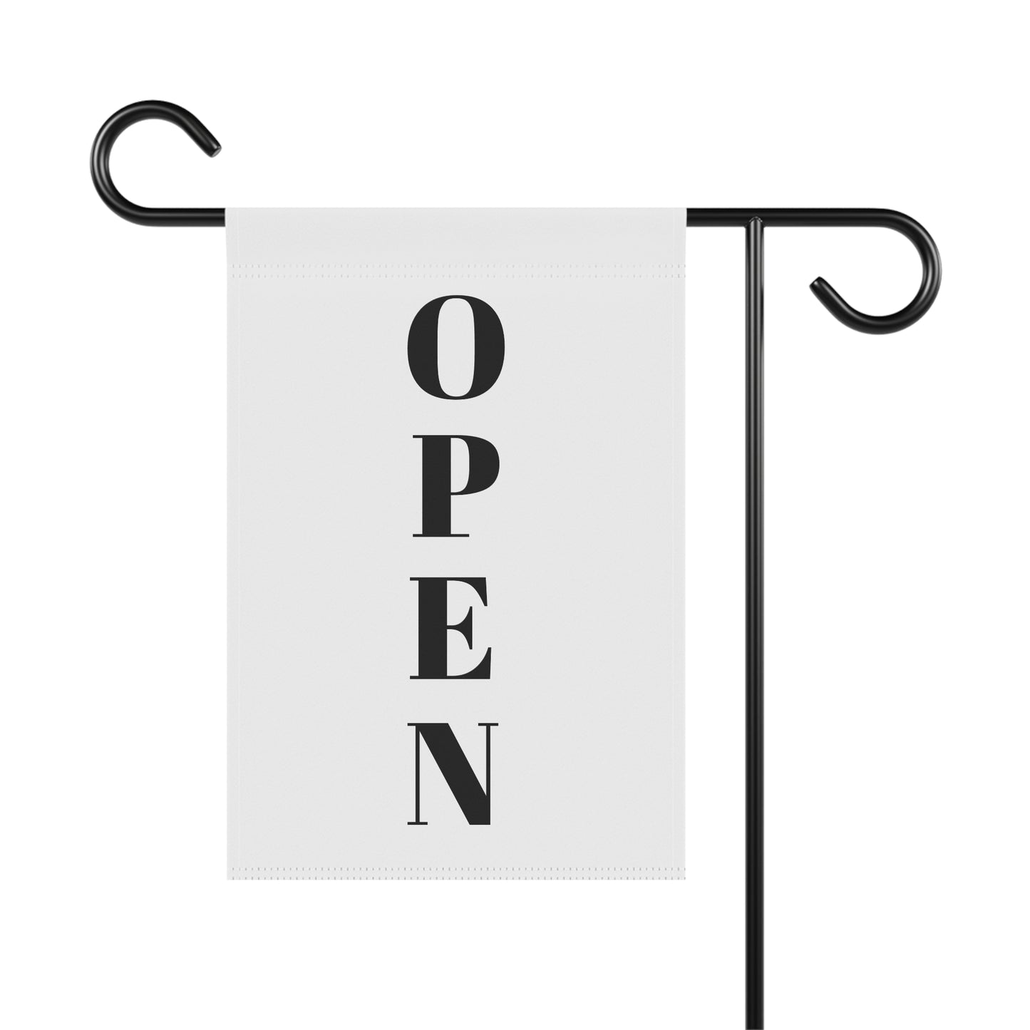 Open for Business garden flag with "Welcome" message, suitable for yard display, by Printify. Vibrant outdoor garden banner.