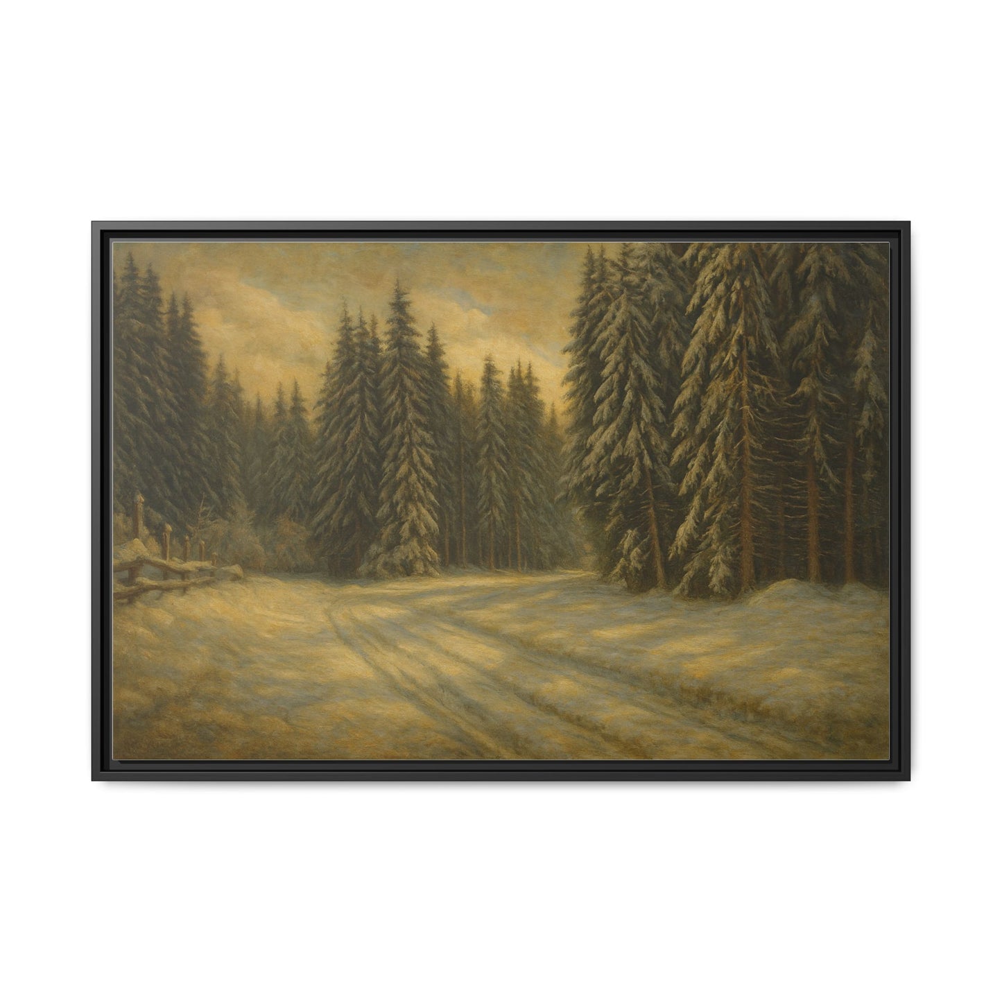 Framed matte canvas wall art depicting a winter forest landscape, showcasing snow-covered trees and serene natural scenery.