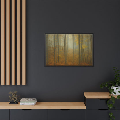 Framed matte canvas wall art of a misty autumn forest scene, featuring trees and fall colors, by Printify.